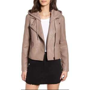 Women's Nordstrom BLANKNYC Plus 1X Taupe Faux Leather Detach Hood Moto Jacket